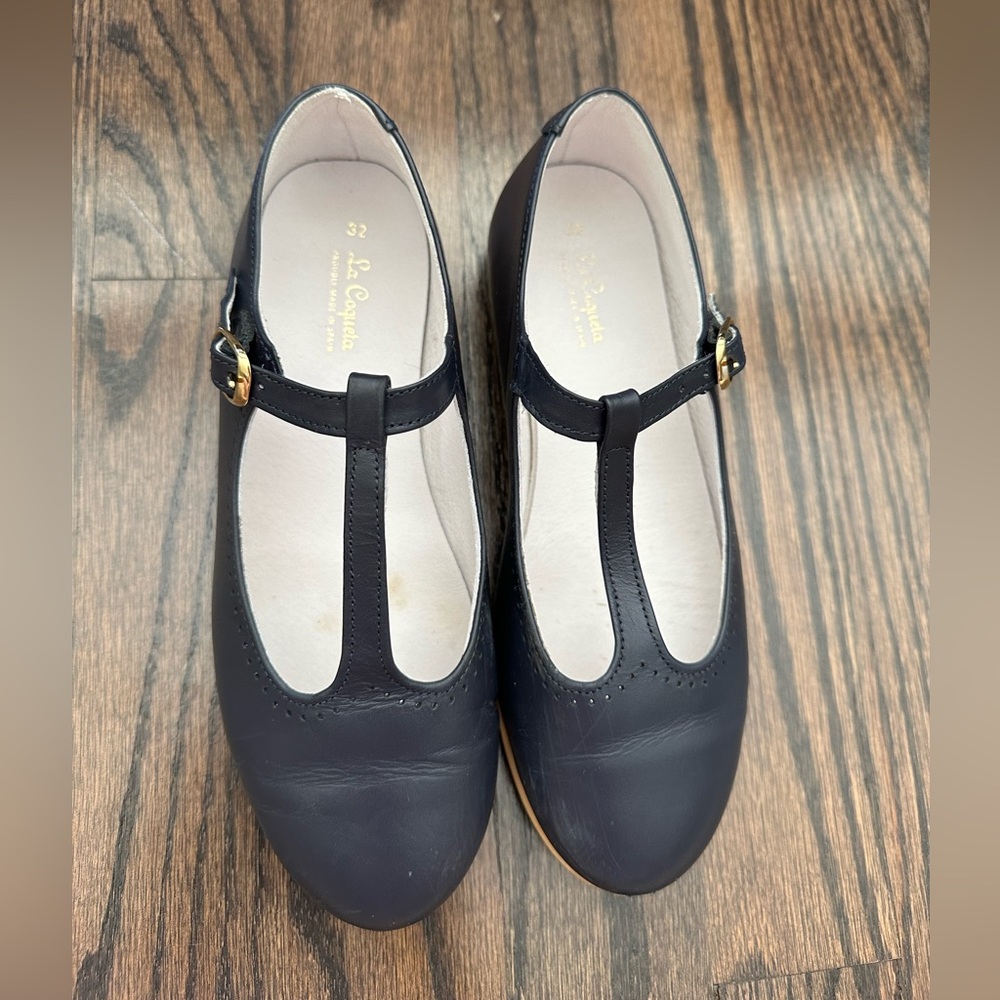 La Coqueta Navy Leather T-Bar Shoes Girls size 32/ US sz 1